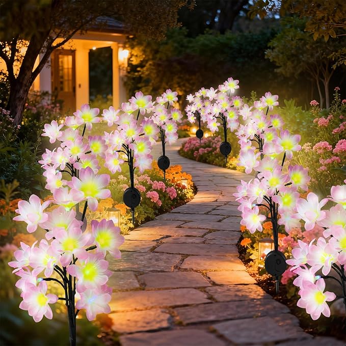 Solar Path Lights Outdoor 4 Pack LED Flower &amp Butterfly Decor Waterproof Auto On/Off Bigger Solar Panel for Yard Patio Garden Walkway Decoration Gift for Mom (Pink)