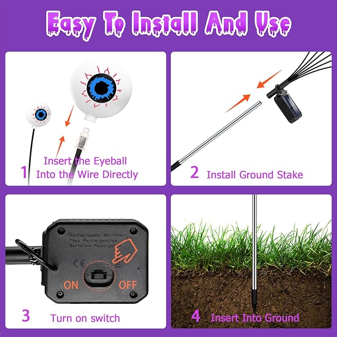Purple Halloween Decorations Outdoor 8 Pack 48 LED Solar Scary Eyeball Swaying Lights Purple Solar Firefly Light Waterproof Outdoor Garden Lights for Halloween Yard Garden Lawn Party Flower Bed
