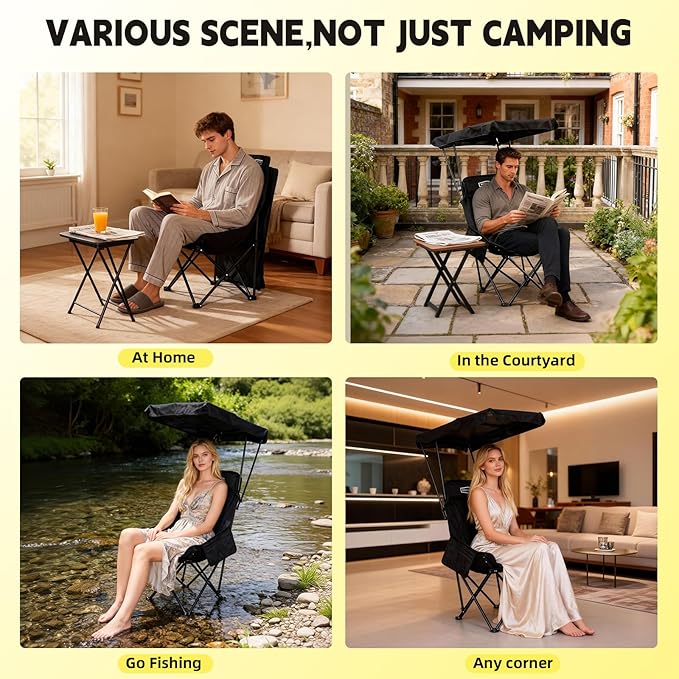 YOUNG WOOD Portable Camping Chair Beach Chair with Shade Canopy Fold Lightweight Oversized for All Easy to Open and Close Without Installation Side Pocket Design for All Outdoor Activities Black