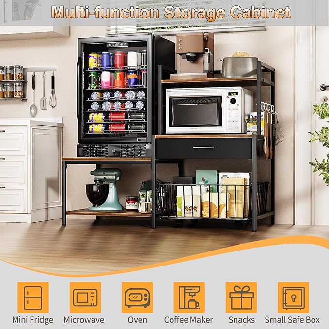 Bakers Rack with Mini Fridge Stand &amp Microwave Shelf – Coffee Bar with Drawer Rolling Basket Storage &amp Hooks – Heavy Duty Kitchen Organizer for Apartments Dorms &amp Living Rooms Brown