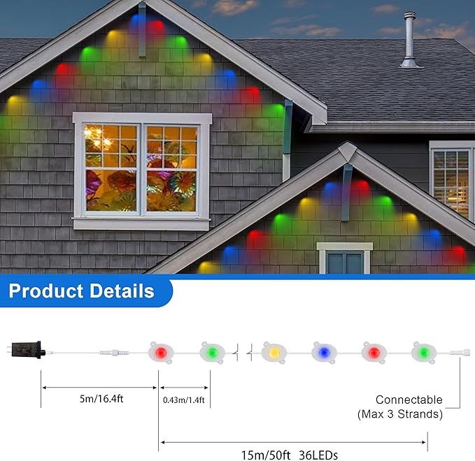 Permanent Christmas Outdoor Lights50ft 36LED Eaves Lights with Remote8 Modes Waterproof Outdoor Eave Connectable Christmas String Lights for Indoor Party (Multi-Colored) (Multicolor)