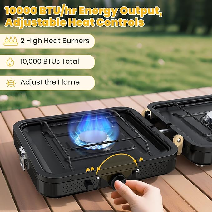2 Burner Camping Propane Stove Portable Folding Propane Stove with Carrying Bag Adjustable High Heat Burners &amp Piezo Push-Button Instant Ignition Outdoor Tailgating Backyard BBQ Camping Essent