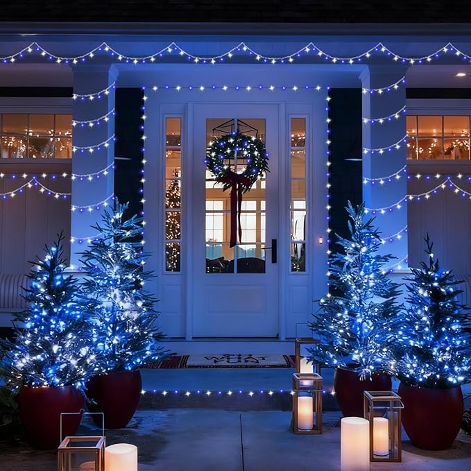 YEGUO 165ft 500 LED Blue and White Christmas Lights Outdoor Waterproof Clear Wire String Lights Indoor Plug in 8 Modes Clear Wire Twinkle Tree Light for Xmas Party Garden