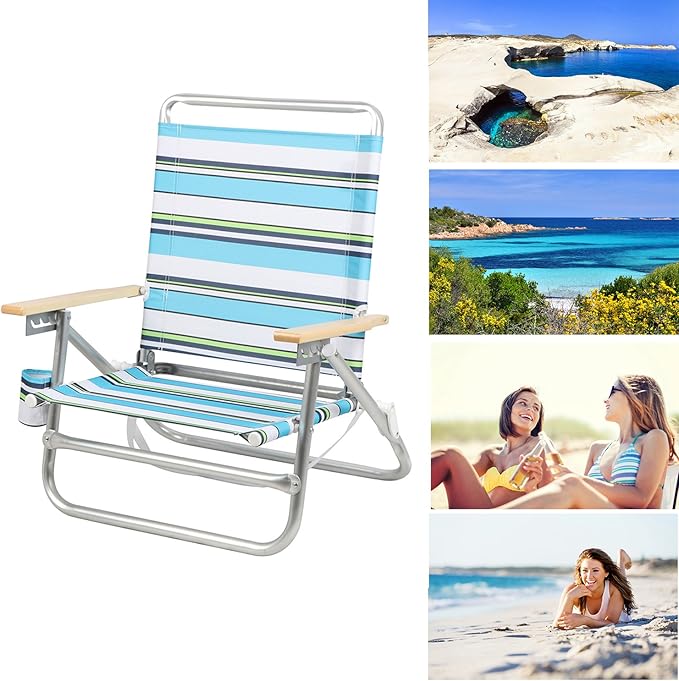 Portal 14.17 X 19.69 X 31.1 Lightweight Adjustable Hi-Back Folding Beach Chair with Cup Holder and Padded Carry Strap Blue