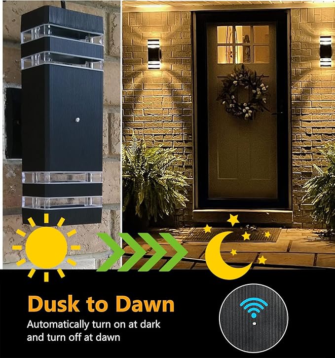 tewei Dusk to Dawn Outdoor LED Wall Mount Light Fixtures Up Down Front Porch Lights 1Pack 14W IP65 3000K 1100LM Warm White Modern Waterproof Aluminum Exterior Photocell IC Sensor for Patio Garage