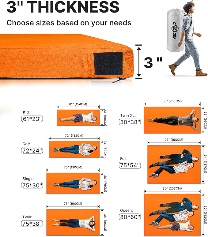 3 Inch Memory Foam Camping Mattress Dual Layer Thick Sleeping Camp Pad for Car Tent Cot Roll-Up Portable Glamping Floor Bed for Guests Sleepover