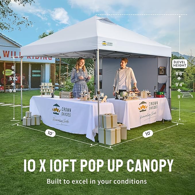 CROWN SHADES Canopy Tent 10x10 Pop Up Canopy Outdoor Shade with Pockets Sidewall Easy Up Sun Shelter with One Person Set Up Center Lock Portable Instant Camping Beach Canopy Tents Grid White