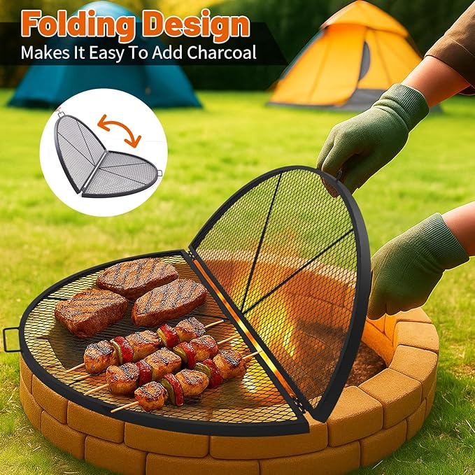 40 Inch X-Marks Fire Pit Grill Grate Round Foldable Fire Pit Cooking Grate Heavy Duty Steel Campfire BBQ Grill Grid with Handles for Outdoor Camping Cooking Black