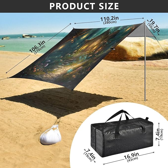 Fairy Fantasy Forest Beach Tent Sun Shelter 9.2' x 10.5' Beach Canopy with 4 Sandbags 4 Stability Poles Sand Shovels - Tent Canopy for Beach Camping Fishing Picnics