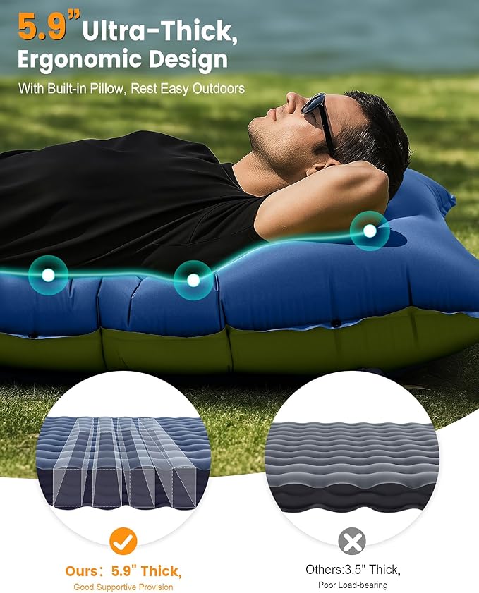 Camping Sleeping Pad5.9 Inch Thick Camping Mat with Built in Pillow and Foot PumpSelf Inflating Sleeping Pad for Camping Backpacking（Green