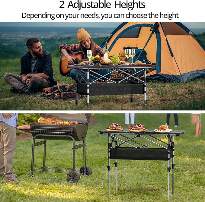 Anbte 3ft Folding Camping Table with Storage Net and Bag 2 Adjustable Heights Aluminum Roll Up Camping Table &amp Ultralight Camping Bed Height Adjustable Support 180KG Portable Cots