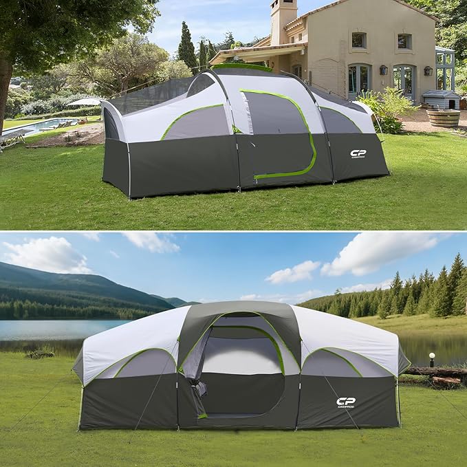 CAMPROS CP Tent 8 Person Camping Tents Weather Resistant Family Tent 5 Large Mesh Windows Double Layer Divided Curtain for Separated Room Portable with Carry Bag