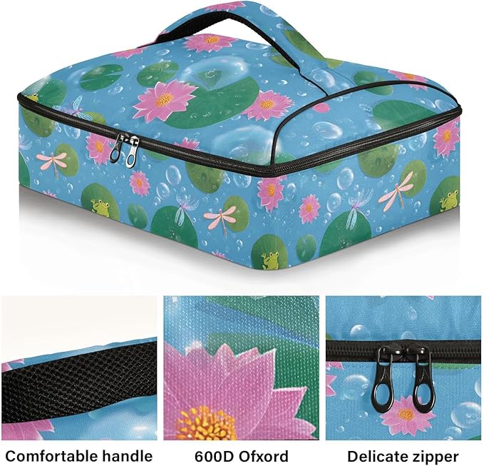 Casserole Carrier Frogs and DragonflieInsulated Casserole Carrier for Hot or Cold Food Thermal Lunch Tote for Potluck Parties Picnic Beach Fits 9 x 13 Inches Baking Dish