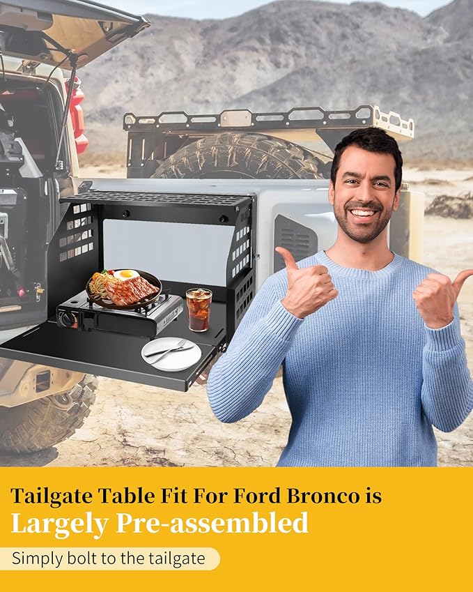 Pre-Assembled Rear Door Tailgate Foldable Table Heavy Duty Foldable Tailgate Table with Molle Panel Fit for Ford Bronco 2/4 Door 2021-2025. Can be Installed Quickly