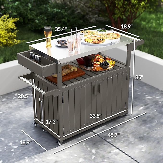 Luxury Heavy Duty Stainless Steel Outdoor Bar Cart with Spacious Storage Premium Construction Wheeled Casters HDPE Steel Gray Finish