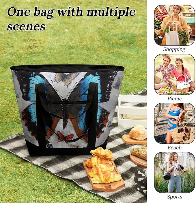 Insulated Shopping BagLarge Reusable Cooler Bags Butterfly Printed Foldable Shopping BagTravel Waterproof Shoulder Bag