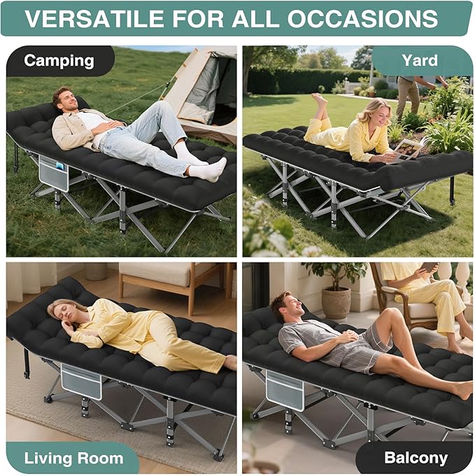 ZENPETIO Camping Cot for Adults Heavy-Duty Portable Cot Bed with Mattress Foldable Padded Sleeping Cots for Camping Travel Tent Day Bed Outdoor &amp Home Guest Max Load 500 LBS 75x28x15”