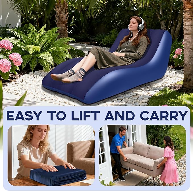 Inflatable Chair for AdultsInflatables Chairs with Flocked Surface Inflatable Lounge Chair with Backrest Comfort Ergonomic Inflatable CouchInflatable Couch for Camping Blue