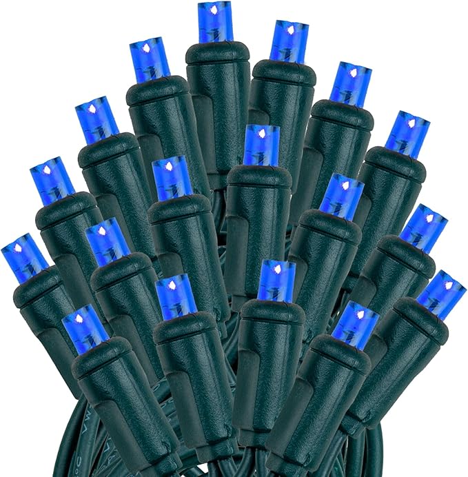 Novelty Lights 25ft 50 LED Blue Christmas Lights Outdoor/Indoor 6 Spacing Green Wire String Lights for Festive Xmas Lighting IP55 UL Listed Dimmable Connectable