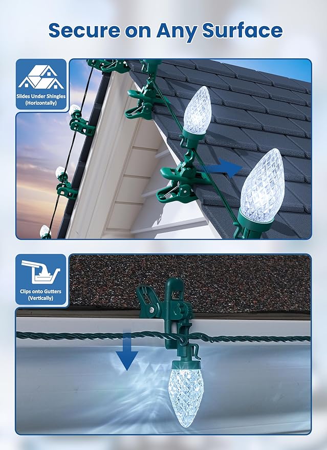 C9 LED Christmas Lights Outdoor 68 Feet 100 LED Strawberry String Lights with 100 Spring Clamps Waterproof Commercial Grade Extendable for Outside Roofline Patio Home Xmas Decoration Pure White