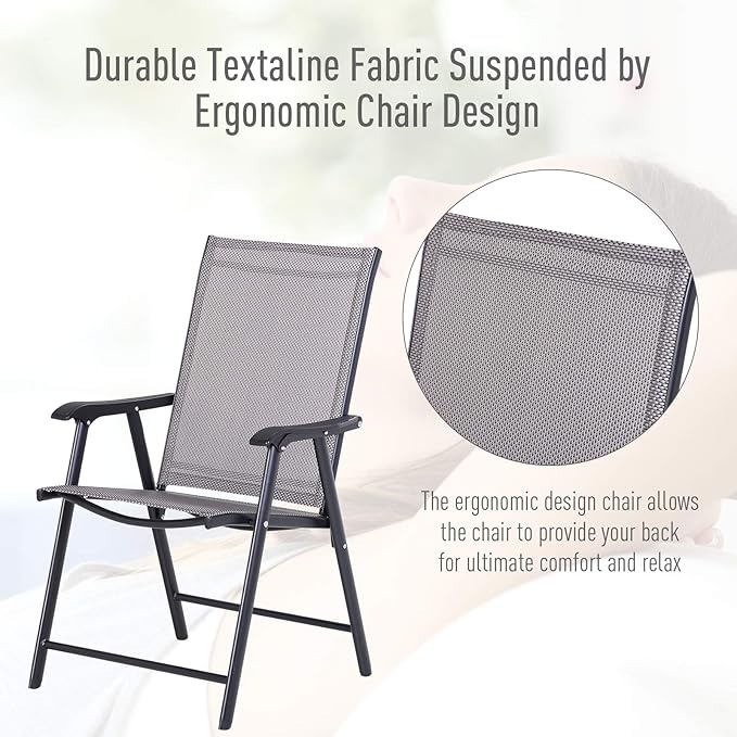 Set of 2 Patio Folding Chairs Stackable Outdoor Sling Patio Dining Chairs with Armrests for Lawn Camping Dining Beach Metal Frame No Assembly Gray