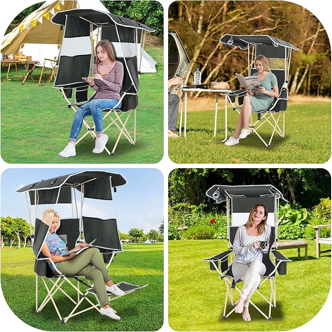 Camping Chair with Canopy Sports Chairs for Adults Canopy Chair with Removable Footrest Ice Fishing Chair with Cupholder Cooler Heavy Duty for Outdoor Activities(1 Pack)