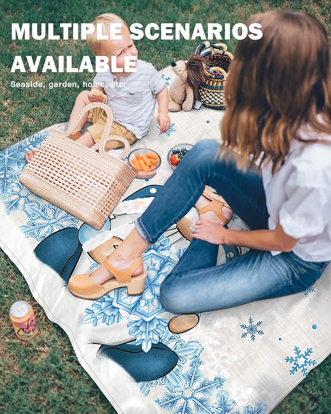 Beach Blanket Waterproof Sandproof Merry Christmas Cute Farm Dwarf Quick Drying Beach Mat with 4 Stakes Blue Snowflake on Linen Lightweight Picnic Blanket for Travel Camping Outdoor 83x79