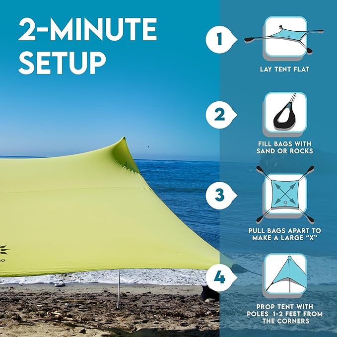 Neso Gigante Portable Beach Tent Sun Shelter - Lightweight Beach Shade Canopy - Easy Setup for Family Outings - Patented Reinforced Corners - UPF 50+ Sun Protection - 8ft Tall 11 x 11ft - Lemon