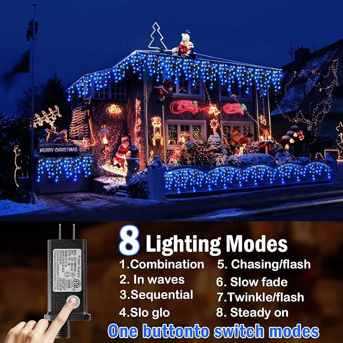 Hezbjiti Christmas Lights Decorations Outdoor 800 LED 65.6 FT 8 Modes 150 Drops Fairy String Curtain Lights for Christmas Decor Eaves Window Party Yard Garden Indoor (Blue)