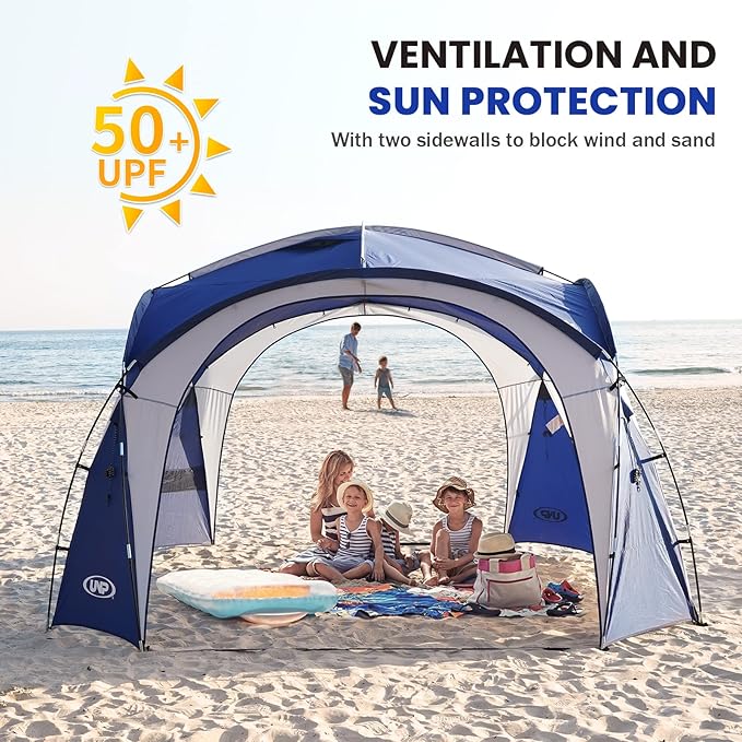 UNP Easy Beach Tent Pop Up Canopy UPF50+ Tent with Side Wall Ground Pegs and Stability Poles Sun Shelter Rainproof Waterproof for Camping Trips Backyard Fun Party Or Picnics