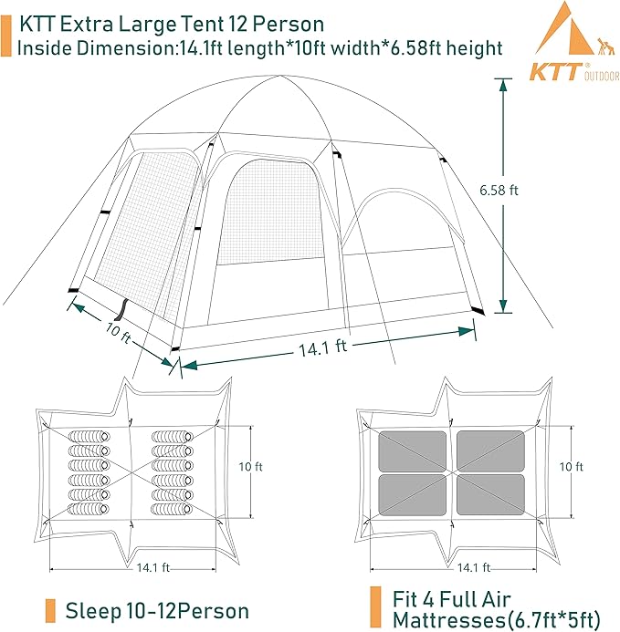 KTT Large Tent 8-10-12 PersonFamily Cabin Tents2 Rooms2 Doors and 4 Windows with MeshStraight WallWaterproofDouble LayerBig Tents for OutdoorPicnicCampingFamily Gathering