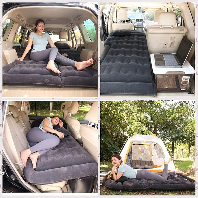 Inflatable SUV Air MattressThickened Flocking Car Travel Camping Bed with 2 Pillows &amp Air PumpPortable Car Sleeping Mattress for SUV Trunk and Rear