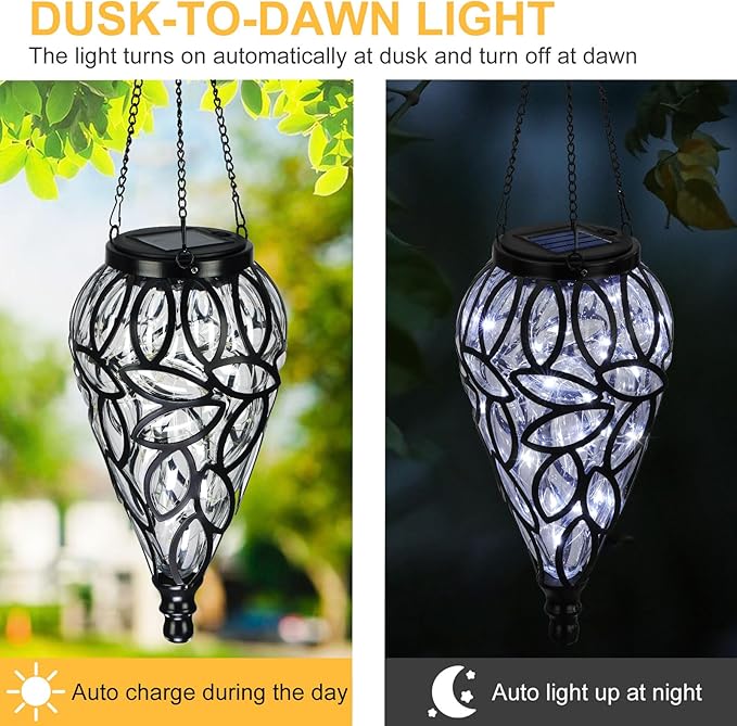 LEWIS&ampWAYNE Solar Hanging Lantern Outdoor Lights Tear-Shaped 15 LEDs Cool White Hanging Lights with S Hooks Decor in Garden Yard Pathway Front Door and Landscape