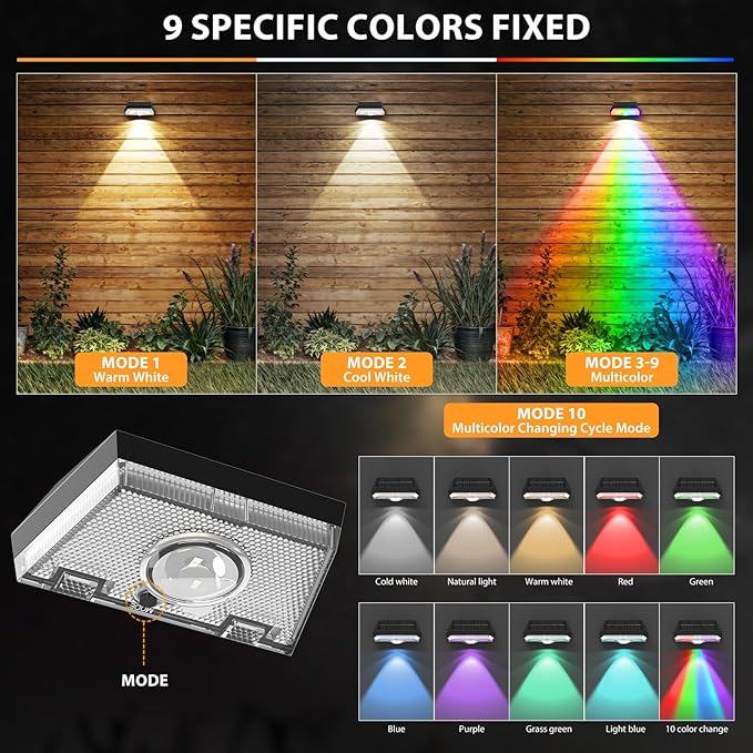 Solar Fence LightsWarm White &amp Cool White &amp RGB 7Colors ＆ Color Changing Mode IP65 Waterproof Solar Lights Outdoor Solar Deck Lights for Outside/Patio/Backyard/Wall/Pool/Fence/Railing/Step(1