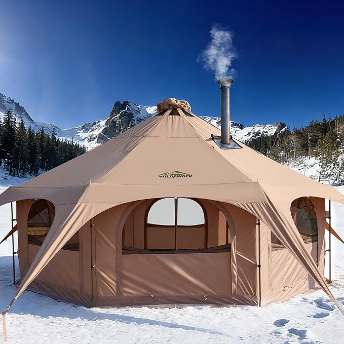 16.5ft Canvas Bell Tent Large Yurt Tent with Stove Jack for Camping &amp Glamping 55 High Walls Maximum Space Waterproof 4 Season Hot Tent with 8 Mesh Windows &amp Removable Floor