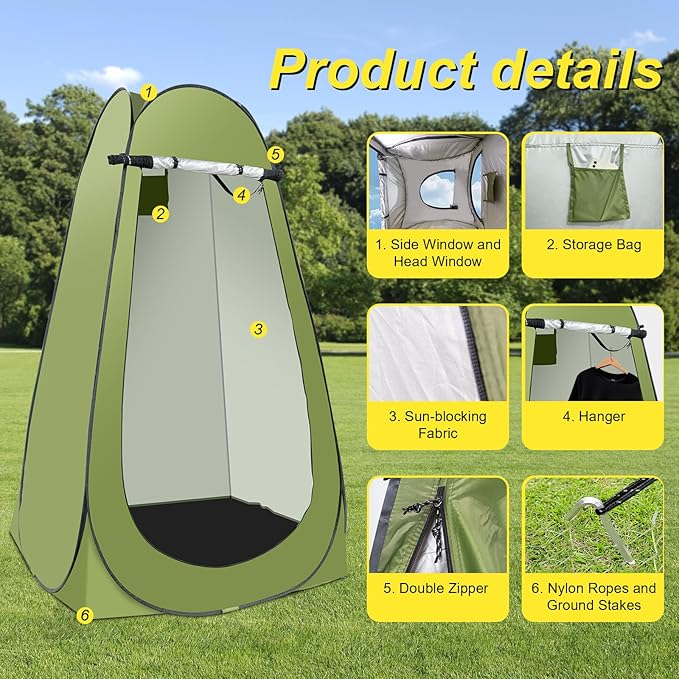 Portable Camping Privacy Tent Outdoor Shower Tent Kit with 5 Gallon Shower Bag-(Nozzle Upgraded)