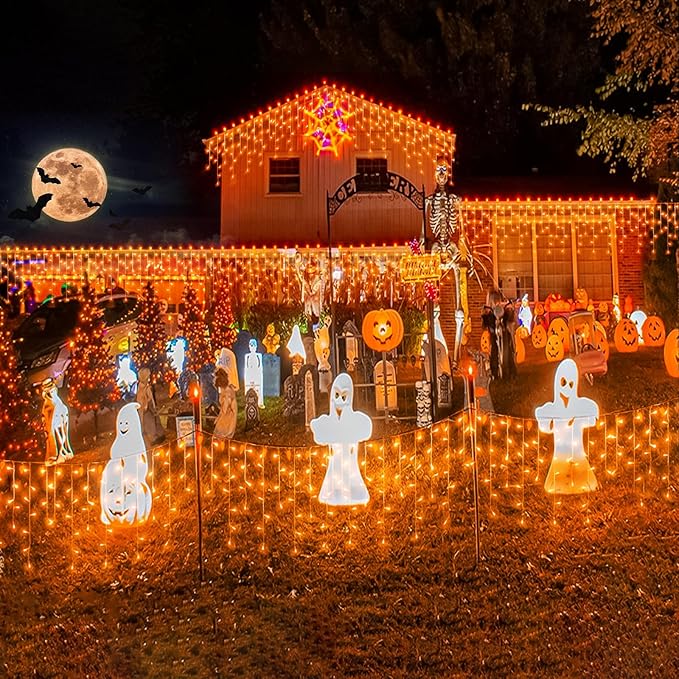 66ft Orange Halloween Lights Outdoor 640LED Icicle Lights for Outside Indoor Twinkle Christmas Light with Connectable Clear Wire 8 Modes Timer Waterproof for House Party Tree Holiday Yard Patio Decor