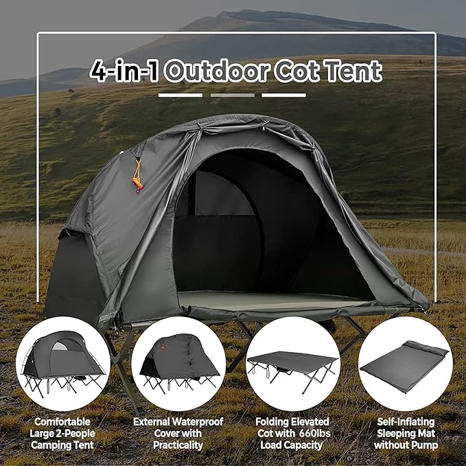 Tangkula 2-Person Tent Cot 4-in-1 Folding Tent with Waterproof Rainfly Self-Inflating Mattress &amp Roller Carrying Bag Portable Off Ground Elevated Tent with Shoe Storage Pocket &amp Lamp Hook