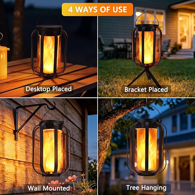 Toodour Solar &amp Battery Powered Lantern Outdoor Lights 2 Pack Black LED Lantern with 4 Modes Waterproof Rechargeable Hanging Solar Lights for Camping Patio Garden Yard Outdoor Decor