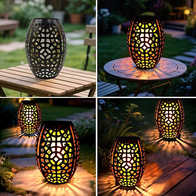 2PCS Solar Table Lanterns with Flickering Flame Light Outdoor Waterproof Metal Desktop Decorative Lamp with Hollow Design for Tabletop Garden 7.3 H Black Geometric Figure