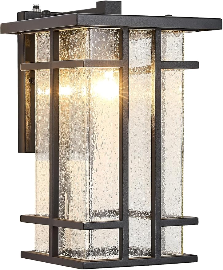 Rustic Dusk to Dawn Outdoor Wall Light Fixture 13.8H Waterproof Exterior Wall Sconces Black Metal with Seeded Glass Sensor Outdoor Wall Lantern for House Patio PorchEntrywayGarage Wall Lamps