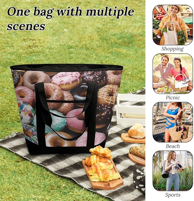 Insulated Shopping BagLarge Reusable Cooler Bags Donuts Printed Foldable Shopping BagTravel Waterproof Shoulder Bag