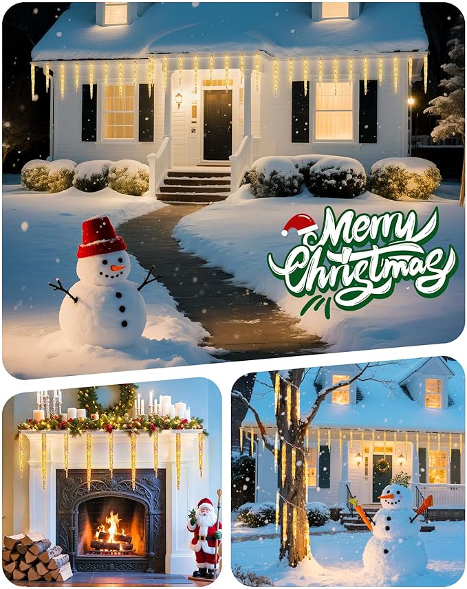 Minetom Icicle Lights Outdoor with Clips 2 Pack Total 40ft 200 LED 40 Tubes Twinkling Ice Shape String Lights Connectable Hanging Christmas Lights Plug in for Eave Holiday Outdoor Warm White