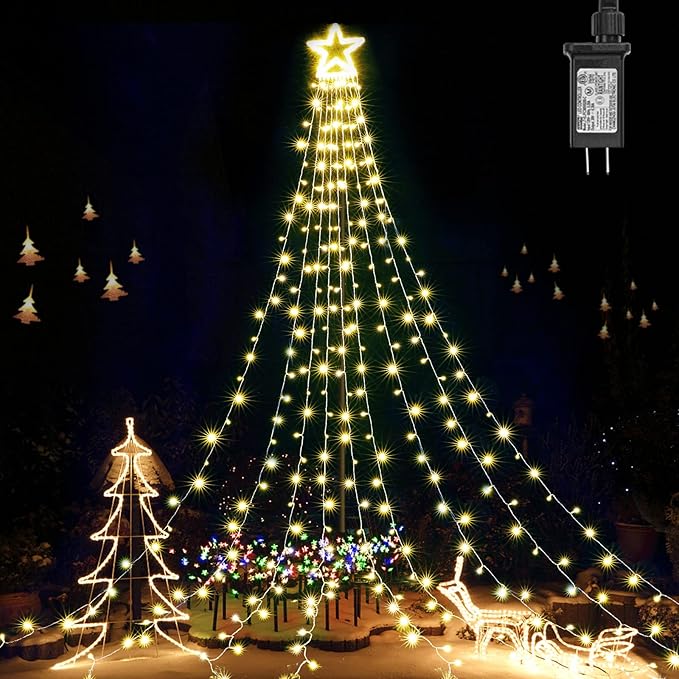BlcTec Outdoor Christmas Decorations 317 LED Christmas Lights with 9 Strands 11.9ft Waterfall Christmas Tree Lights 8 Modes Waterproof Topper Star &amp Timer for Yard Patio Xmas Décor Warm White