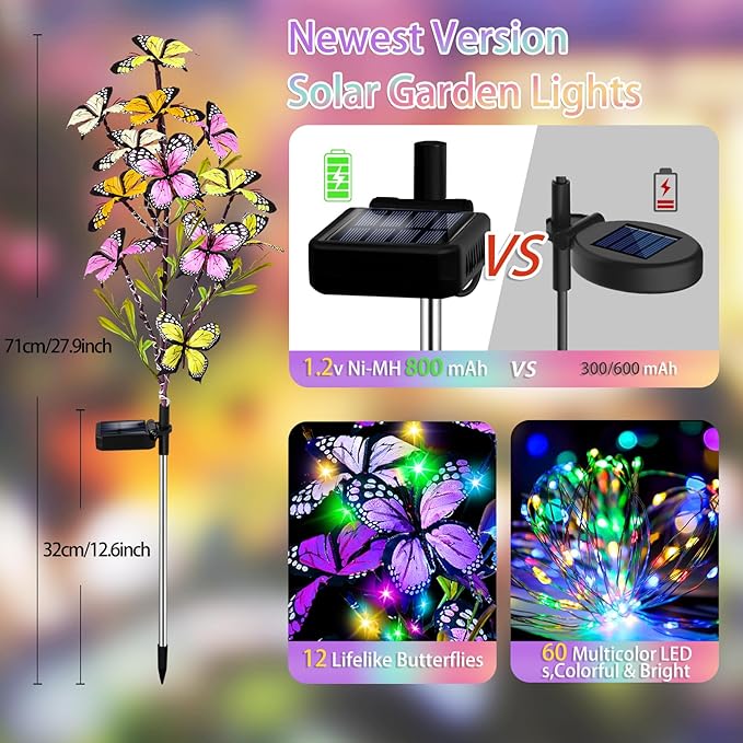 Solar Garden Lights Outdoor Waterproof 2 Pack Solar Butterfly Lights with 60 LED 12 Butterfly Colorful Lighting for Garden Yard Lawn Outdoor Decor Gift for Mom Women Mother's Day