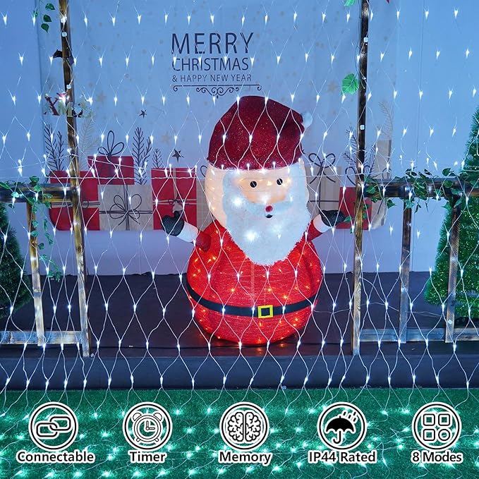 YEGUO Net Lights Outdoor Mesh Lights 12ft x 5ft 360 LED White Bush Light Outdoor Waterproof 8 Modes Connectable Clear Wire Christmas Light Plug in