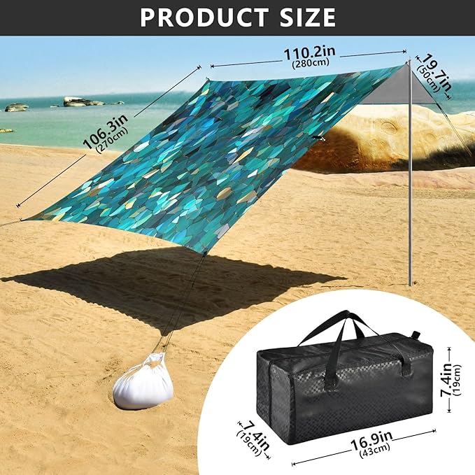 Rainbow Mosaic Textured Beach Tent Sun Shelter 9.2' x 10.5' Beach Canopy with 4 Sandbags 4 Stability Poles Sand Shovels - Tent Canopy for Beach Camping Fishing Picnics