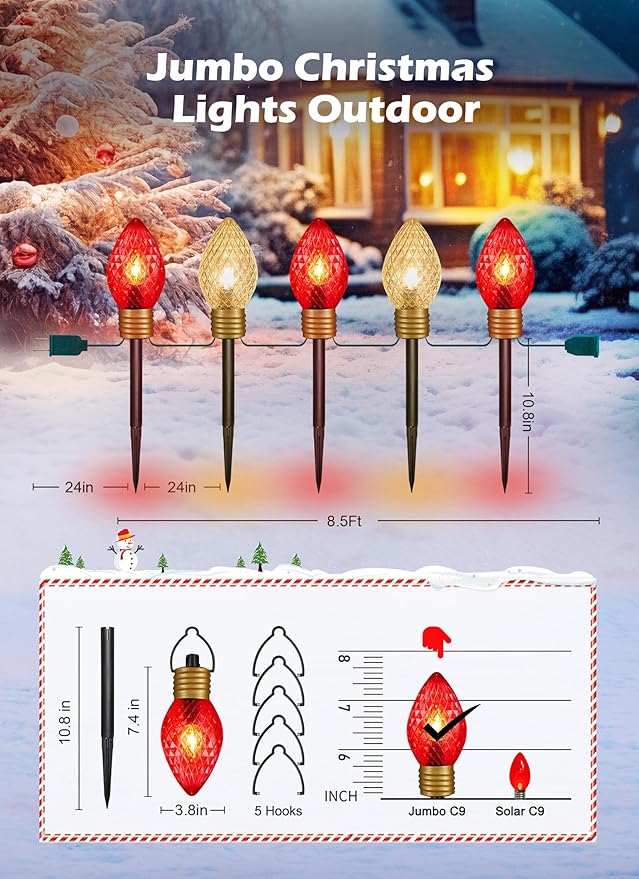 Brightown Strawberry Jumbo C9 Christmas Pathway Lights Outdoor - 2 Pack Total 17 Feet 10 LED Jumbo C9 Walkway Lights Christmas Light Outdoor Decorations for Lawn Yard Holiday Red &amp Warm White