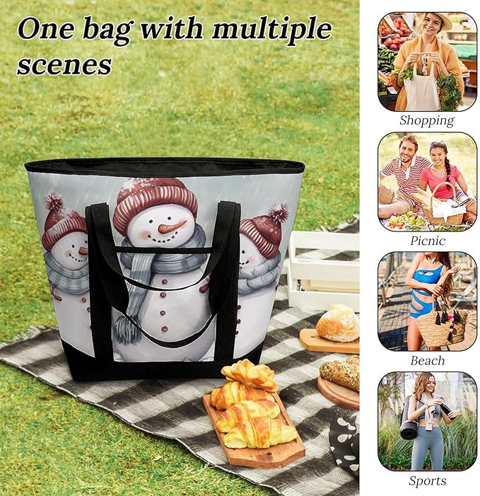 Insulated Shopping BagLarge Reusable Cooler Bags Winter Snowman Printed Foldable Shopping BagTravel Waterproof Shoulder Bag