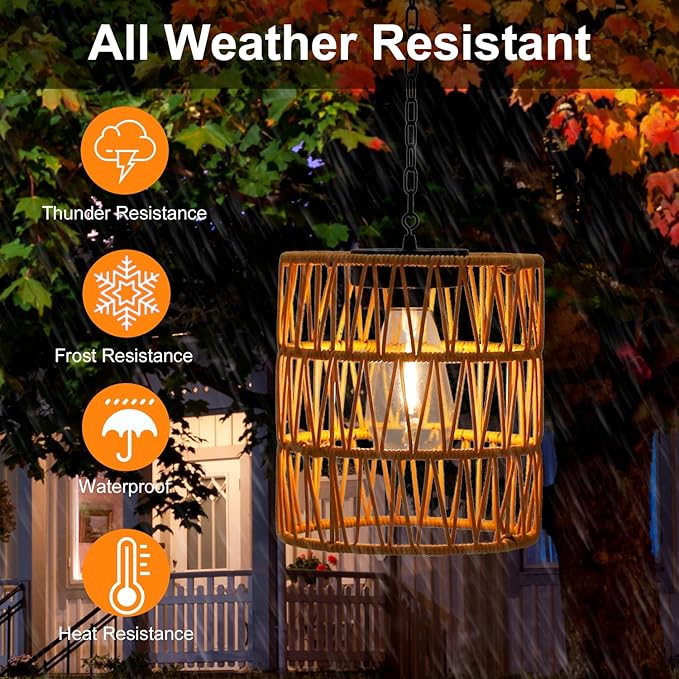 Livinlarge Solar Chandelier LanternOutdoor Rattan Pendant LightsWaterproof Boho Hanging Lamps with Edison Bulb for Gazebo Tree Porch Yard Porch Patio Garden Backyard Decor